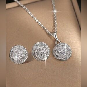 NWT 3pcs Silver Classic Flower Cubic Stud Earrings Sparkling & Pendant